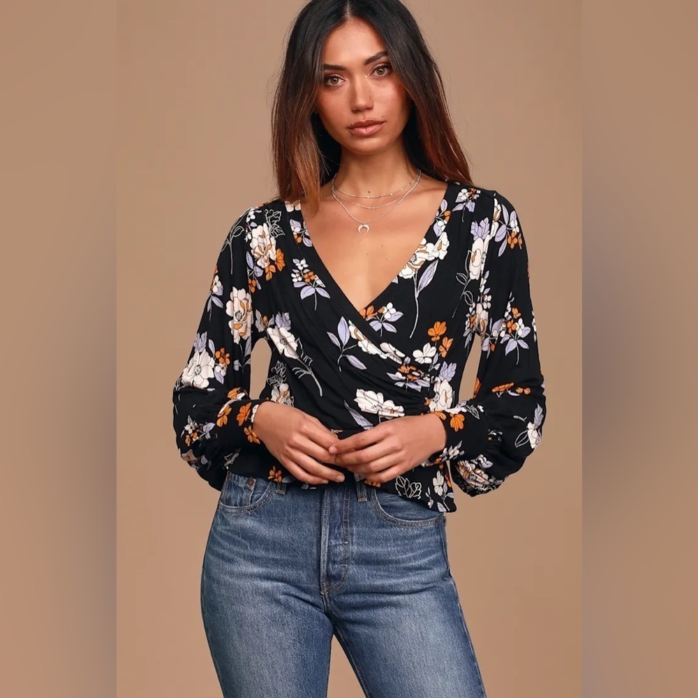 Free People Saturday Night Black Floral Print Long Sleeve Wrap Top, Size M